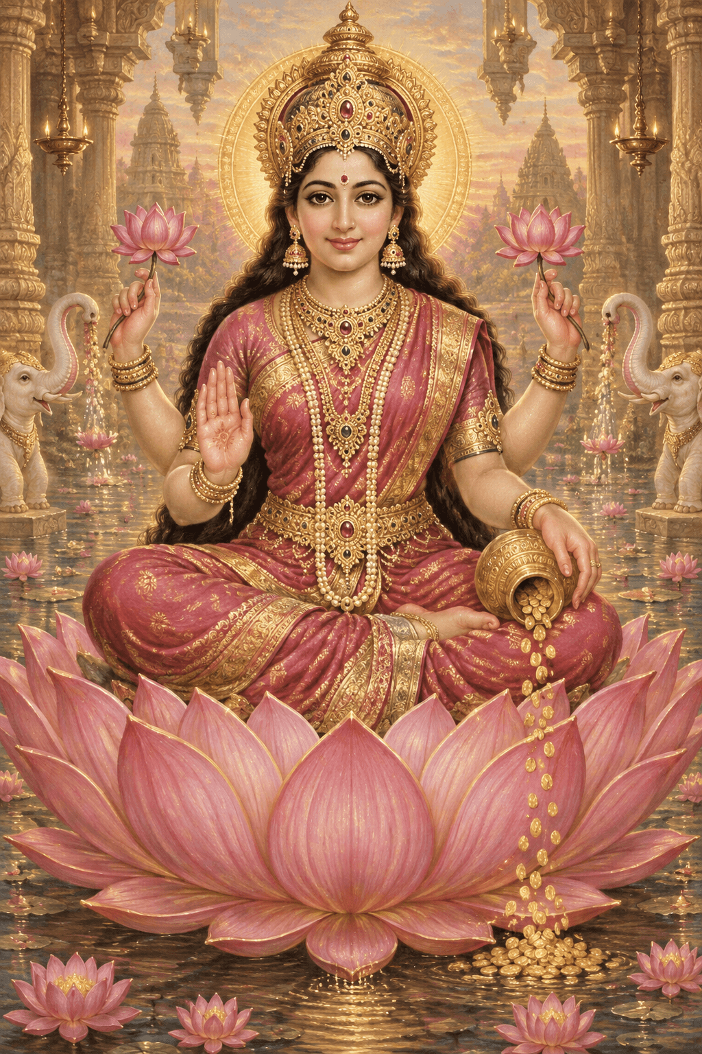 Lakshmi sits on a pink lotus in warm light.
