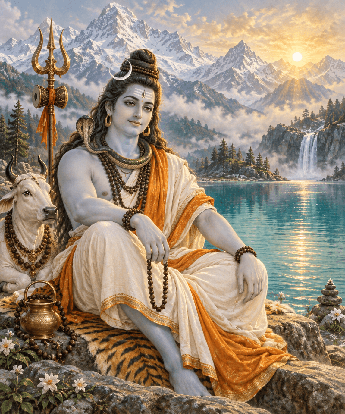 Lord Shiva meditates beside a turquoise Himalayan lake.