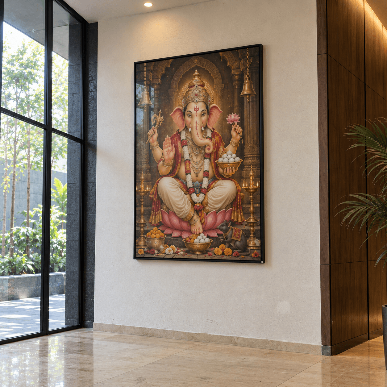 Ganesha framed print beside a window