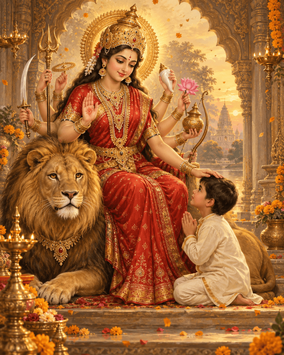 Maa Durga blesses a child in a sunlit temple.